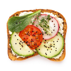 sandwiches with cream cheese, vegetables and salami. Sandwiches with cucumber, radish, tomatoes, salami on a white background, top view. Flat lay.