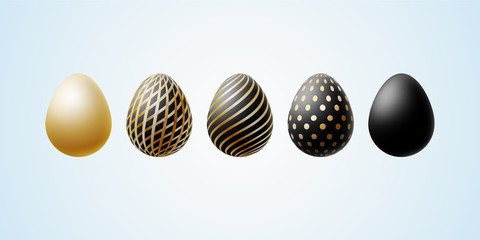Fototapeta premium Easter egg Set of elegant modern luxury black gold Easter eggs with a spiral lines pattern specks dots on a light background Egg design element for elegant Easter cards luxury elegant graphic Vector