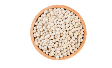 small white bean in wooden bowl isolated on white background. nutrition. food ingredient.