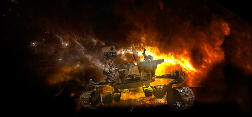 Tank rover in the conflict zone. The war in the Mars. Martian surface in fire and vehicle is moving toward us. Elements of this image furnished by NASA. © elen31
