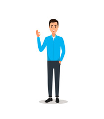 Happy positive man cartoon character. Man in blue jacket shows a gesture 