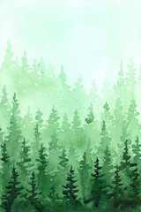 Watercolor hand drawn illustration with forest and mountains. Colorful summer morning in the mountains - 258531703