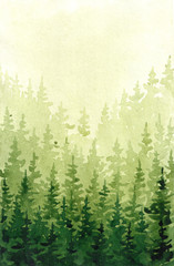 Watercolor hand drawn illustration with forest and mountains. Colorful summer morning in the mountains