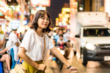 Obraz na płótnie Canvas Young Asian Woman Traveler with view at China Town in Bangkok, Thailand
