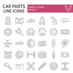 Car parts thin line icon set, automobile symbols collection, vector sketches, logo illustrations, auto repair signs linear pictograms package isolated on white background.