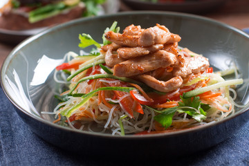Fresh Asian salad with chicken breast, vegetables,funchosa, cucumbers, tomatoes on wooden background.