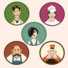 Fototapeta premium Cook, butcher, administrator, waiter, doorman. Set of avatars of restaurant workers