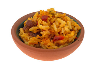 Side view of a bowl of Mexican rice and beans