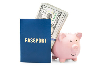Passport with money and piggy bank on white background.