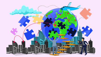 Vector illustration Business cooperation,businessmen collaborate on puzzles on a world with network links
