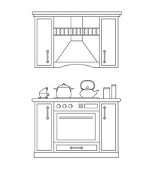 Vector kitchen interior made by stroke. Thin lines. Vector.