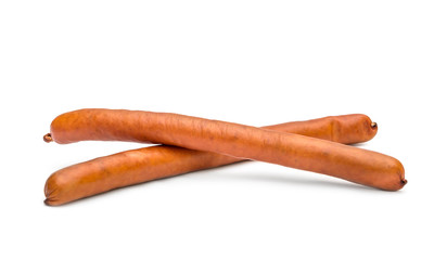 Heap of thin smoked sausage on white.