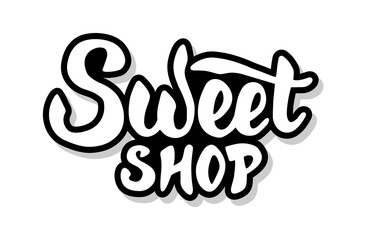 Sweet shop calligraphy template text for your design illustration concept. Handwritten lettering title vector words on white isolated background