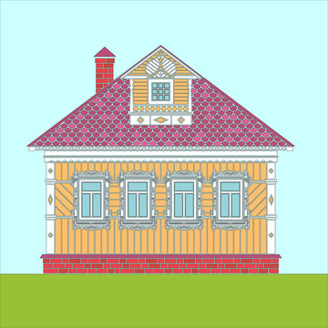 Russian traditional two-story wooden house. The windows and details are decorated with carvings. Vector illustration. Colored silhouette.