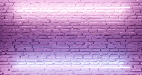 Fototapeta na wymiar 3d rendering. Brick wall illuminated by a pink neon lamp. Abstract background. Light effect on the protruding surface.