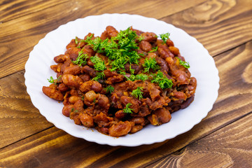 Traditional georgian kidney beans dish lobio on wooden table