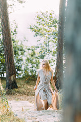 Naklejka premium Girl in a boudoir dress in a pine forest. Standing on the rocks in a thin flying dress. Unity with nature at the wedding. Bride at sunset