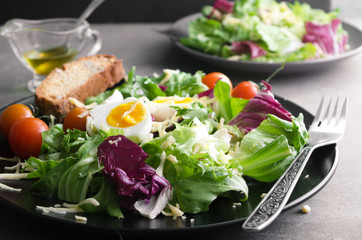 Fresh vegetarian salad with tomatoes, cheese and eggs. Close-up view