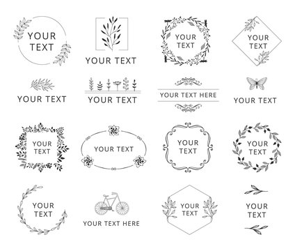 Set of hand drawn wedding logos with black floral elements. Wreaths and frames for feminine design.