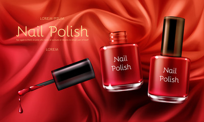 Red nail polish 3d realistic vector cosmetic ads banner with glass bottle on red or scarlet satin soft silk fabric with folds illustration Womens cosmetics and make up product promotional mockup.