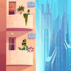 Balconies with plants and flowers, air conditioning units on multi-storey house in metropolis cartoon vector. Comfortable apartments in skyscraper, modern city architecture element illustration
