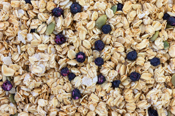 Organic breakfast cereal plus dried blueberries and pumpkin seeds close view.