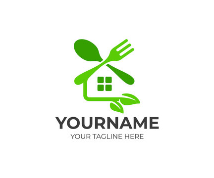 Food and restaurant, fork and spoon, house with leaves, logo design. Healthy and organic meal, vector design and illustration