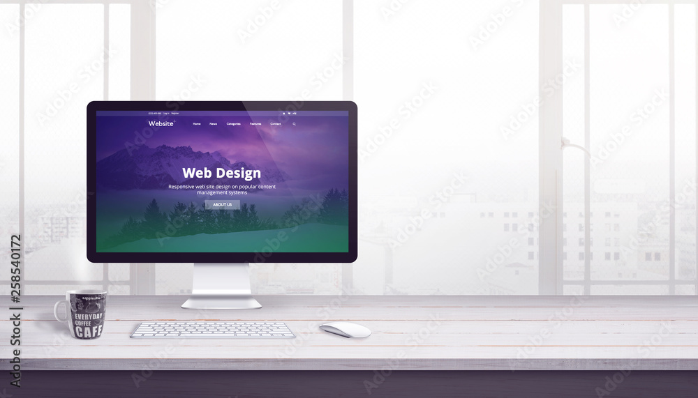 Poster Flat web page on computer display. Web design company concept. Free space beside for text.