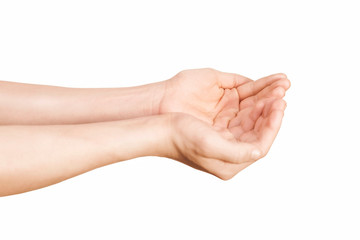 Hands on a white background extend forward with palms up like if they hold something in them