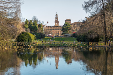 Lake in Sempione Park in the historic center of Milan near the Sforza Castle, Italy