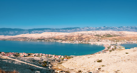 Naklejka premium Pag island aerial view. The view on croatian sea, Dalmatia, Croatia