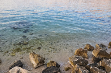 Fototapeta na wymiar Beach in the coast of Adriatic Sea island Pag, Croatia after sunset