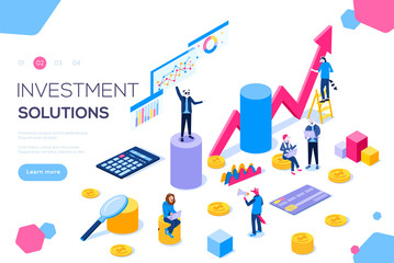Bank development economics strategy. Commerce solutions for investments, analysis concept. Analysis of sales, statistic grow data, accounting infographic. Economic deposits flat isometric illustration