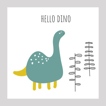 Cute blue dinosaur for kids. Doodle style funny doodle dino poster