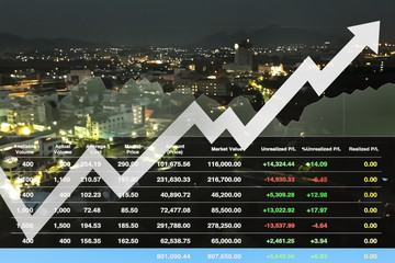 Stock financial index show successful investment on travel business and tourist avivation transportation industry with graph and chart bokeh background at night.
