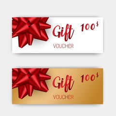 Luxury gift vouchers set. Red and golden color design, on white background. Vector illustration EPS10. 