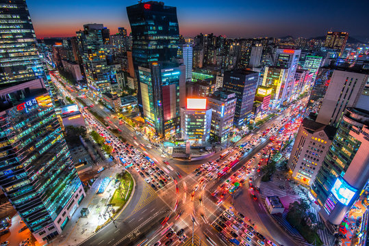 Fototapeta view of downtown at gangnam square in seoul city South Korea
