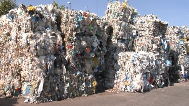 Material Recovery Facility. Panorama of plastic waste ready for reprocessing.