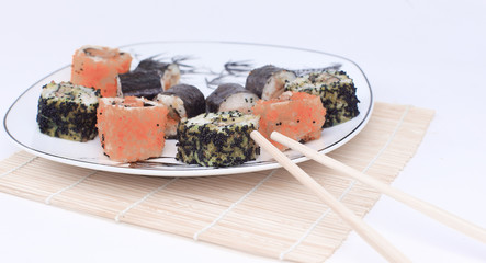 close-up of sushi rolls on the plate