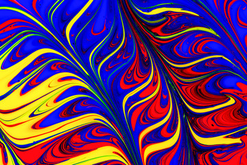Abstract background of red, yellow and blue liquid paint swirls
