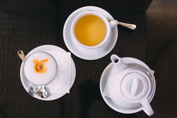 coffee and cappuccino in a cafe cup top view. coffee set