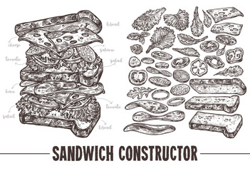 Hand drawn monochrome vector sandwich with ingredients. Sketch illustration burger products components and elements. Constructor for fast food restaurant menu