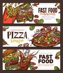 Sketch vector fast food colorful horizontal banners. Templates of design with hand drawn hamburger, pop corn, pizza, sandwich, cola, french fries