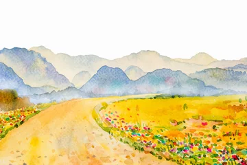 Foto op Canvas Watercolor landscape painting of mountain and meadow. © Painterstock