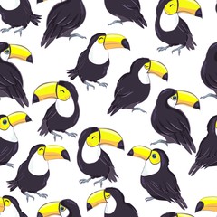 Tropical seamless pattern with toucans, exotic leaves and pineapples. Vector illustration