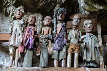 Cliffs burial site, traditional burial ground  in Tana Toraja, worldwide unique ancestor cult of...