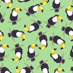 Tropical seamless pattern with toucans, exotic leaves and pineapples. Vector illustration