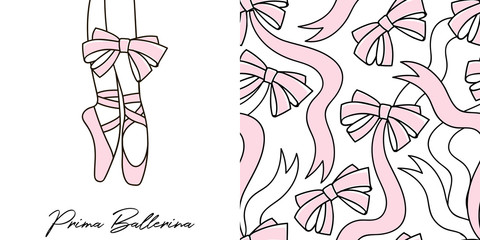 Design set of print with Dancing ballerina legs in pointe shoes and Doodle ribbon bows seamless background. Lovely girlish ballet themed pink coloured vector graphics for apparel t-shirt print © AngellozOlga