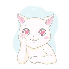Hand drawn vector illustration of a kawaii funny unicorn cat with slogan phrase i`m cutie. Isolated objects on white background. Line drawing. Design concept for children print.