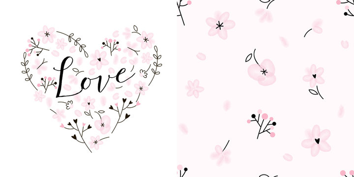 Design set of Pink floral heart with love calligraphic inscription and Gentle tiny floral seamless background. Lovely girlish themed pink coloured vector graphics for apparel t-shirt print, textile